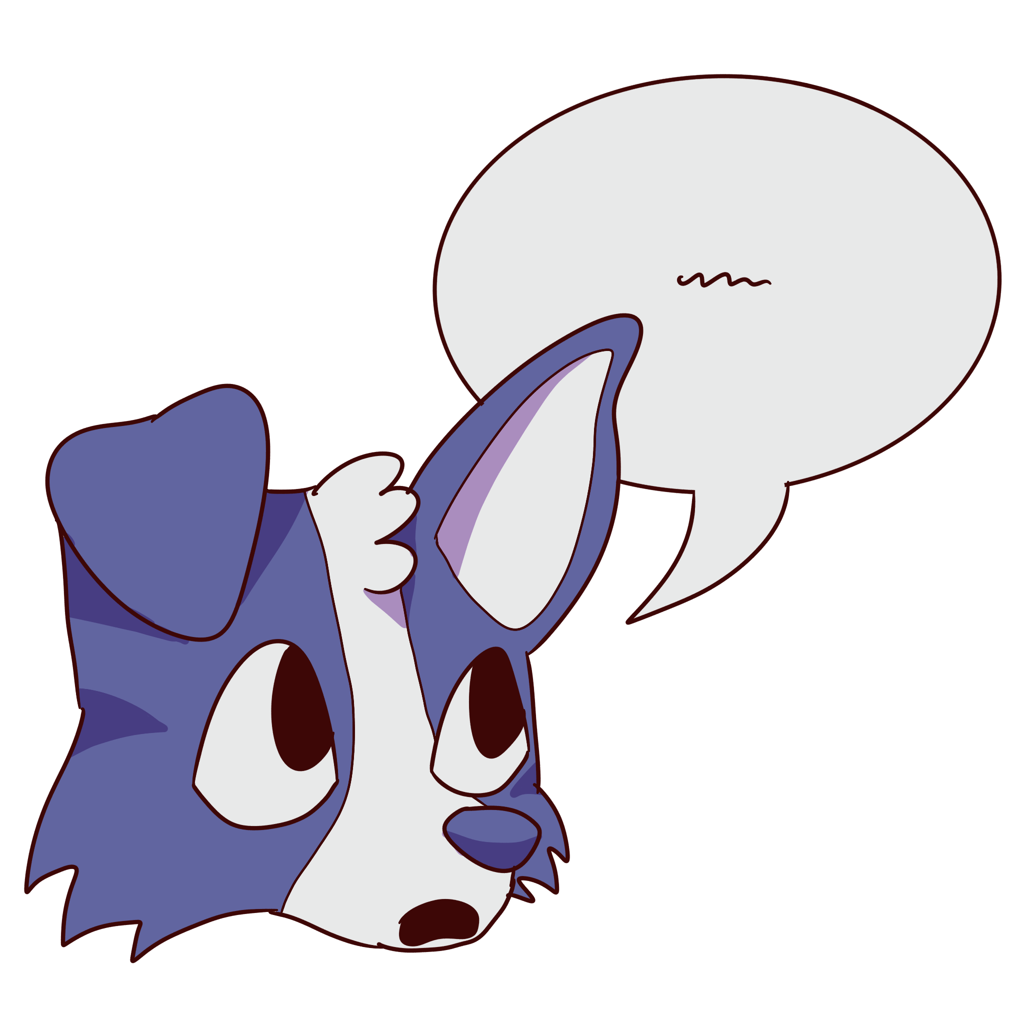  a blue dog speaking a single word into a speech bubble